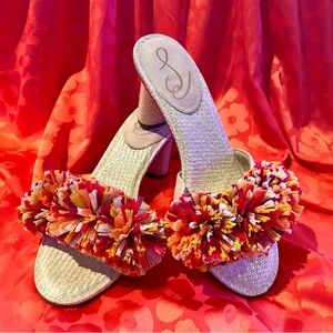 Sam Edelman Sand, Red Olia Pom Pom Block Heeled Sandals, US Size 9